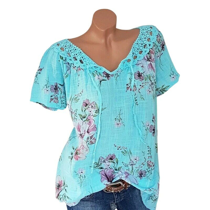 Blusas de manga curta com renda estampa floral feminina, tops da moda, camisetas, costura em renda, moda casual, verão