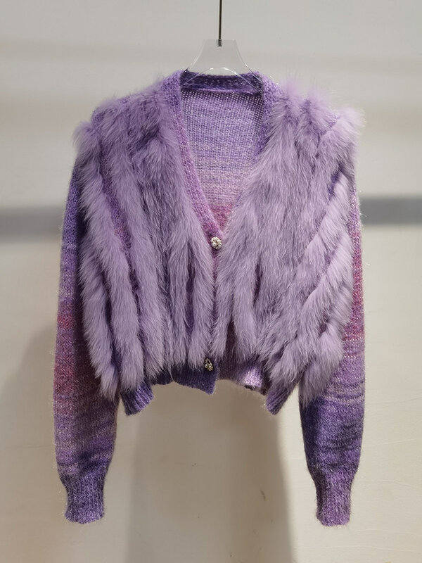 Mantel Sweter Mode Wanita Dekorasi Luar Bersama Jahitan Garis Bulu Rubah Musim Semi Longgar Longgar Bulu Rubah Asli Wanita