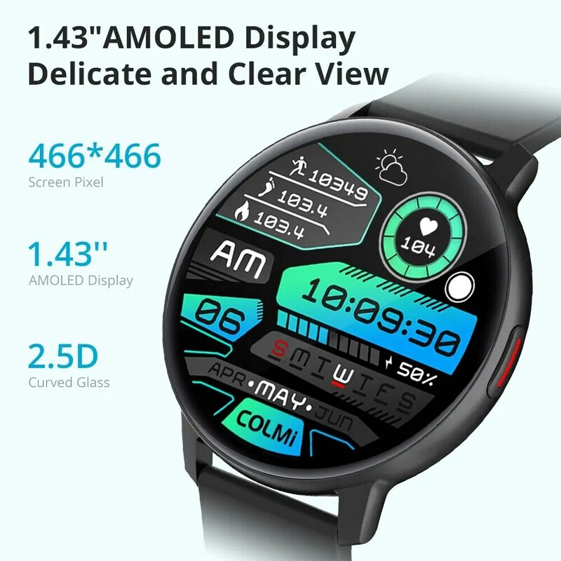 COLMI I31 Smartwatch 1.43 Inch AMOLED-scherm 100 Sports Modes 7 Dagen Batterijduur Altijd op display Smart Watch Mannen Vrouwen