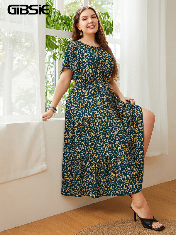 GIBSIE-플로럴 o-넥 러플 헴 드레스 a-라인 캐주얼 롱 드레스 여성용, 보헤미안 스타일 여름 반팔 엘라스틱 드레스 플러스 사이즈