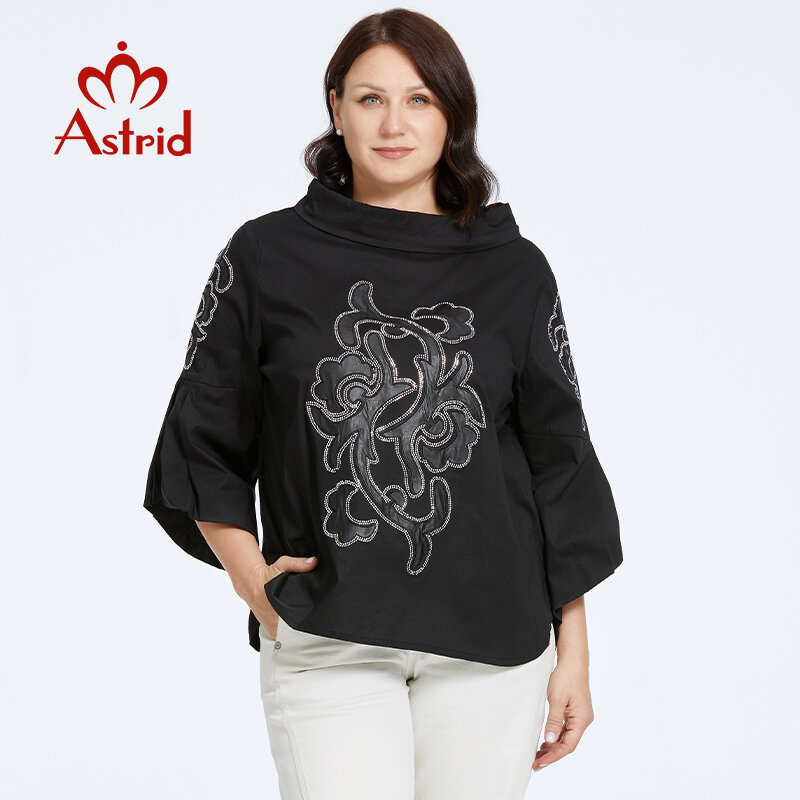 Astrid-t-shirt das mulheres, tamanho grande, solto, top bonito, com manga queimada, gola alta, diamantes, roupas de moda