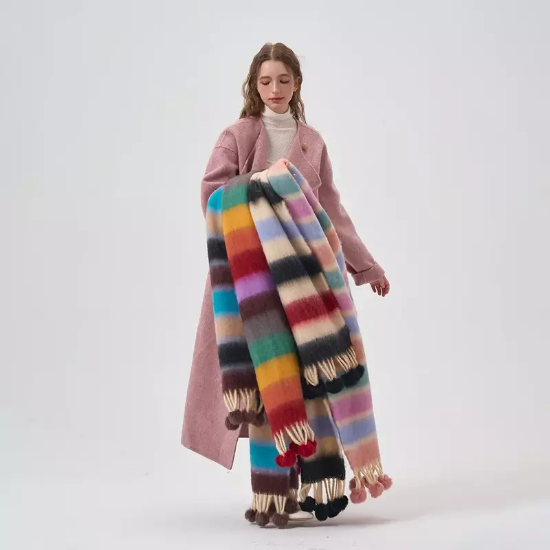 2023 Plaid Scarf For Women Winter Warm Fur Ball Scarf Warm Long Tassel Bandana Foulard Female Scarves Tassel Shawl And Wrap