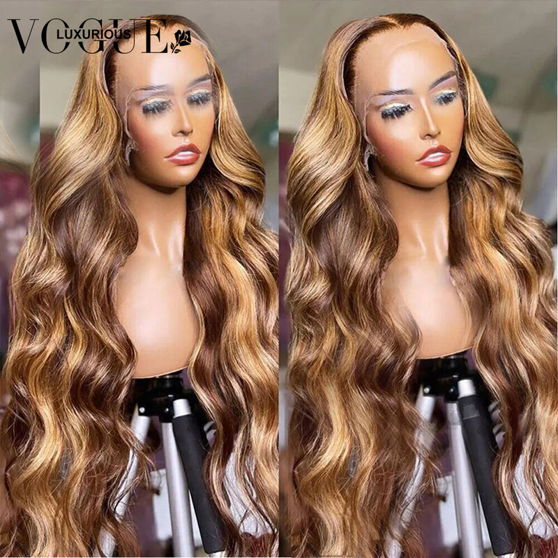 Glueless Body Wave 13X4 Human Hair Frontal Wigs Highlight Brown T Part Closure Lace Wig Natural Hairline Pre Plucked For Woman