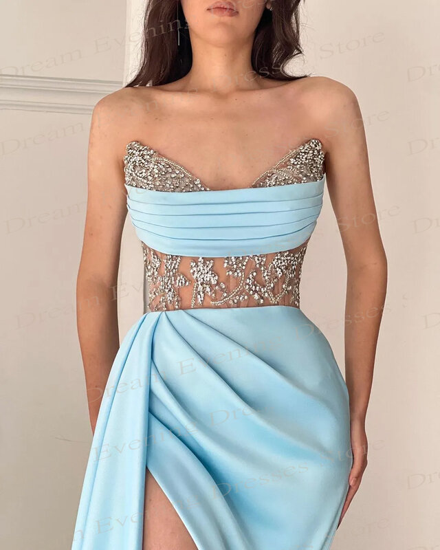 Небесно-голубое искусственное очаровательное вечернее платье русалки без рукавов с блестками плиссированные сексуальные платья с разрезом для выпускного вечера бальное платье для вечеринки