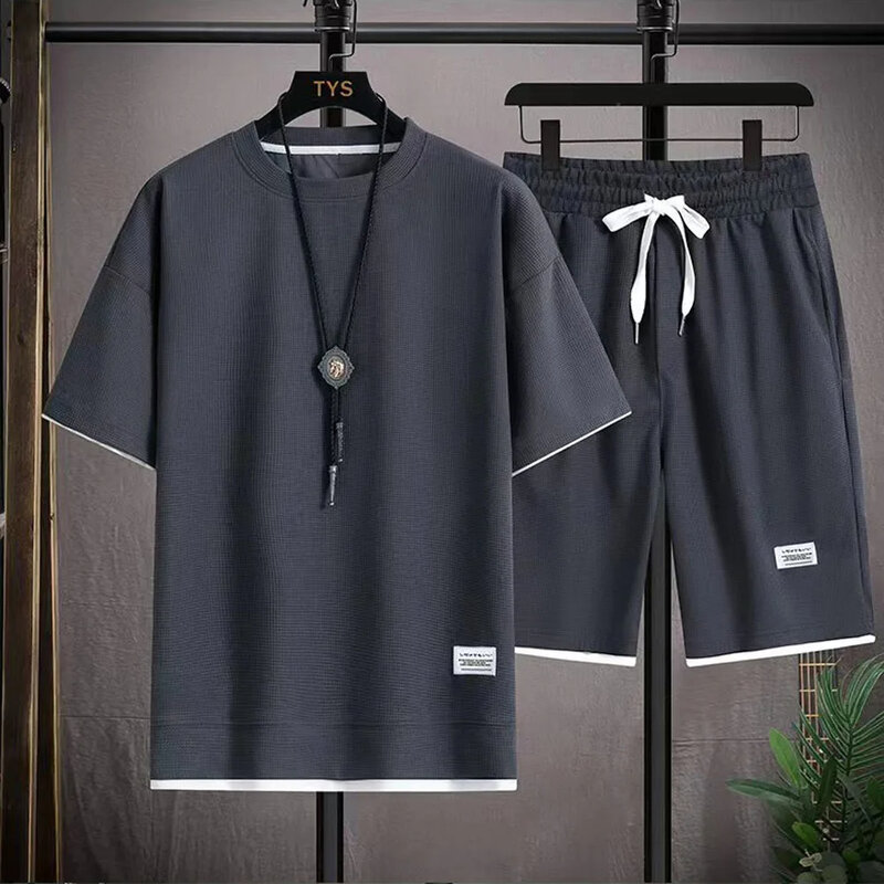 Conjunto de dos piezas de tela de lino para hombre, camiseta informal y pantalones cortos, traje deportivo, chándal de manga corta, moda de verano