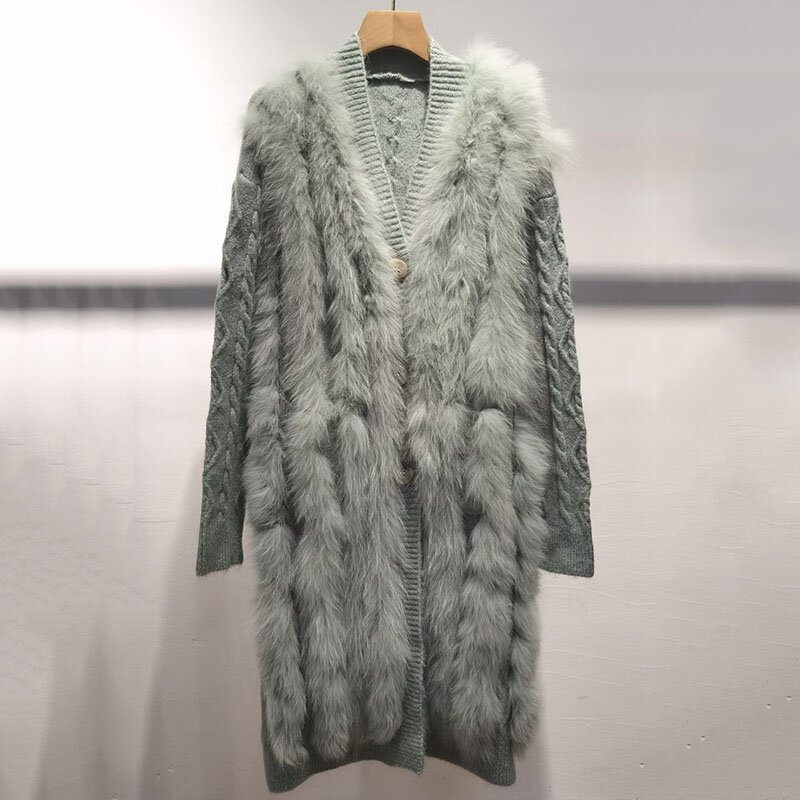 2023 Winter Long Knitted Cardigan Coat With Real Fox Fur Plus Size Long Sleeve Genuine Fox Fur Jacket Outwear Female Cardigans