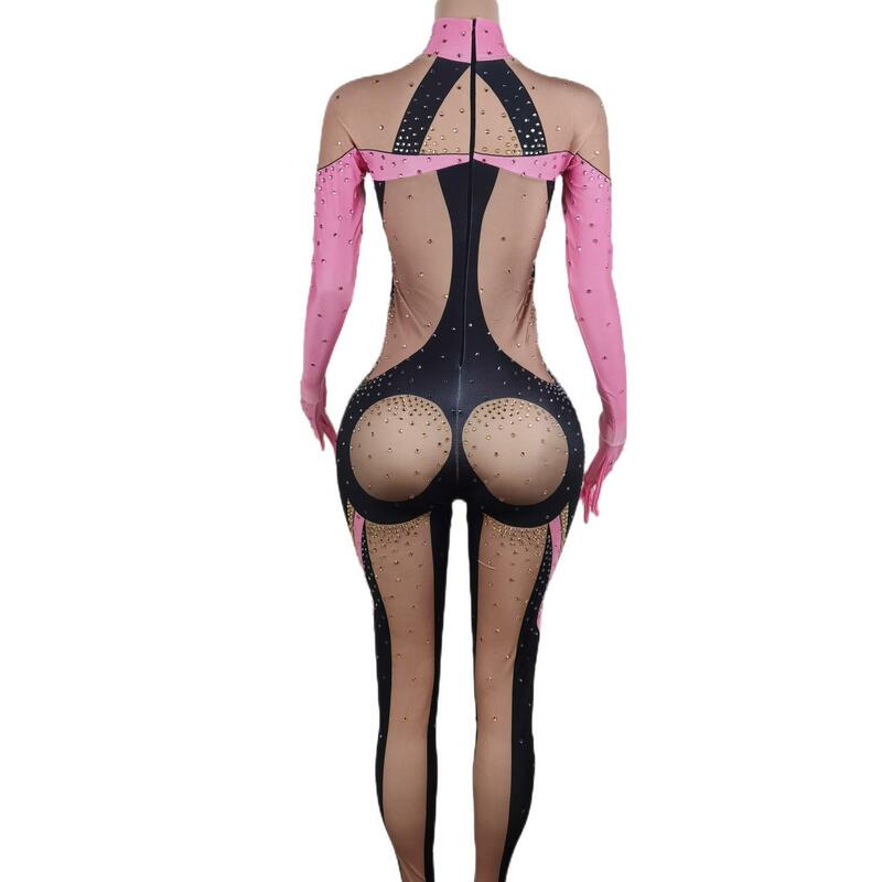Sexy Pink Rhinestones Jumpsuits Woman Nightclub Print Leotard Singer Costume Birthday Party Pole Dance Drag Queen Stage Wear