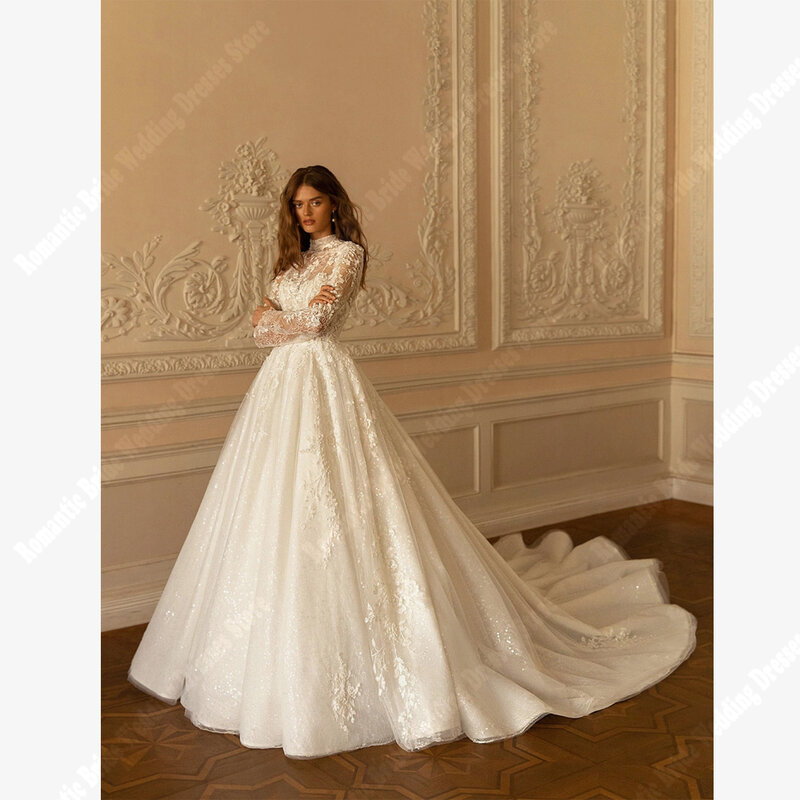 Elegant High-Neck Women Wedding Dresses Soft Satin Surface A-Line Prom Gowns Popularity Princess Fluffy Hems Vestidos De Novias