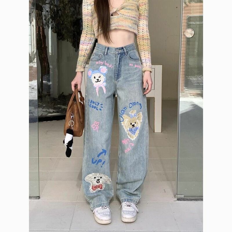 Женские джинсы в американском стиле с рисунком, свободные прямые повседневные милые и крутые стильные брюки в Корейском стиле, новинка 2024