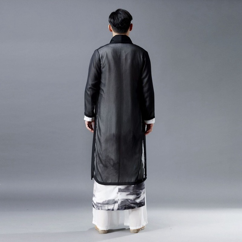 Chiński styl letni wiatrówka męska cienka, długa odzież chroniąca przed słońcem średniej długości starożytny styl Cape męski luźny czarny płaszcz