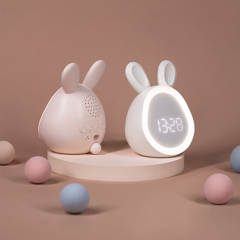 Lámpara de reloj de conejo redondo de dibujos animados para niños, luz de noche LED Mini inteligente para estudiantes, despertador, sueño, lindo