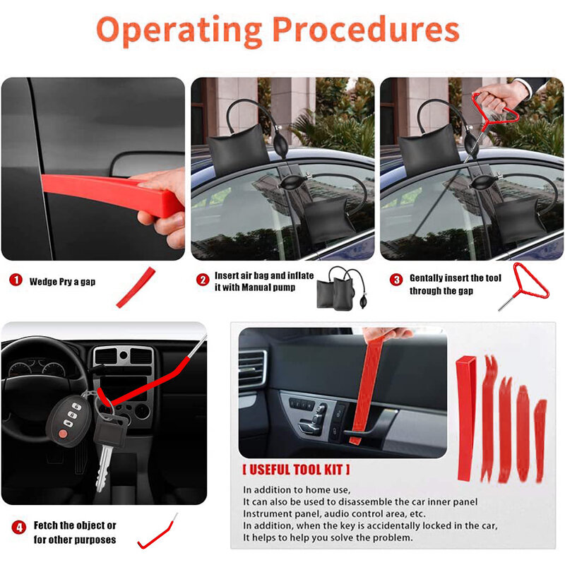 Car Wedge Pump Locksmith Thickened Door Repair Air Cushion Emergency Open Unlock Complete Tools Kit With Long Reach Grabber