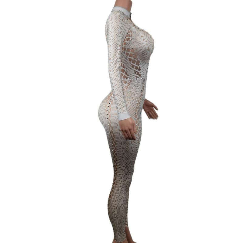 ชุดจั๊มสูทออกแบบเฉพาะสำหรับผู้หญิงชุดรัดรูปแขนยาวชุดเต้นรำไนท์คลับชุดปาร์ตี้ตอนเย็นถุงน่องมีลาย