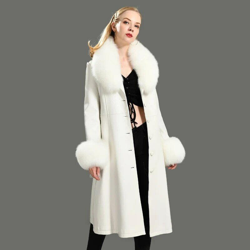 ผู้หญิงจริงหนังยาว Fox ขนสัตว์สุภาพสตรีของแท้ Sheepskin Trench ฤดูใบไม้ร่วงแฟชั่นฤดูหนาว Warm Outwear