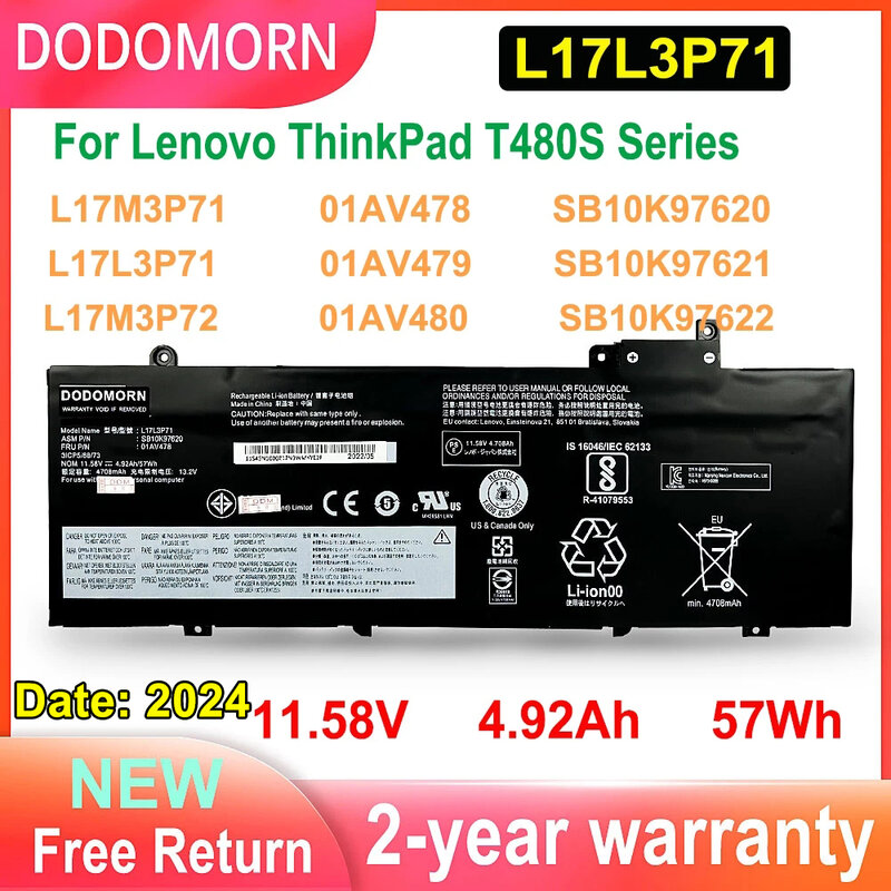 New L17L3P71 Laptop Battery For Lenovo ThinkPad T480S Series L17M3P71 L17M3P72 01AV478 01AV479 01AV480 SB10K97620 SB10K97621