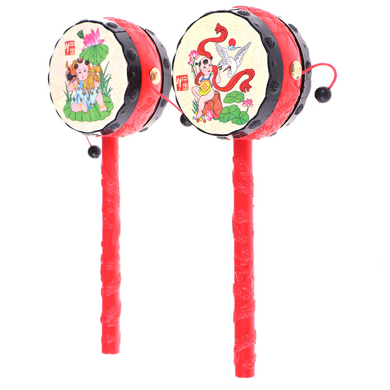 남아여아용 중국 트랜디셔널 딸랑이 드럼 장난감, 빨간색 아기 드럼 망치 딸랑이, 어린이 음성 장난감, 재미있는 장난감, 무작위 인쇄, 1PC