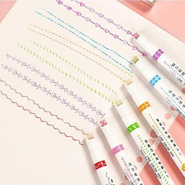 6Pcs สายรูปปากกาเน้นข้อความหลายสีสัน Roller Tip Curve Liner Marker Novelty เครื่องเขียนโรงเรียน Graffiti Art ปากกา