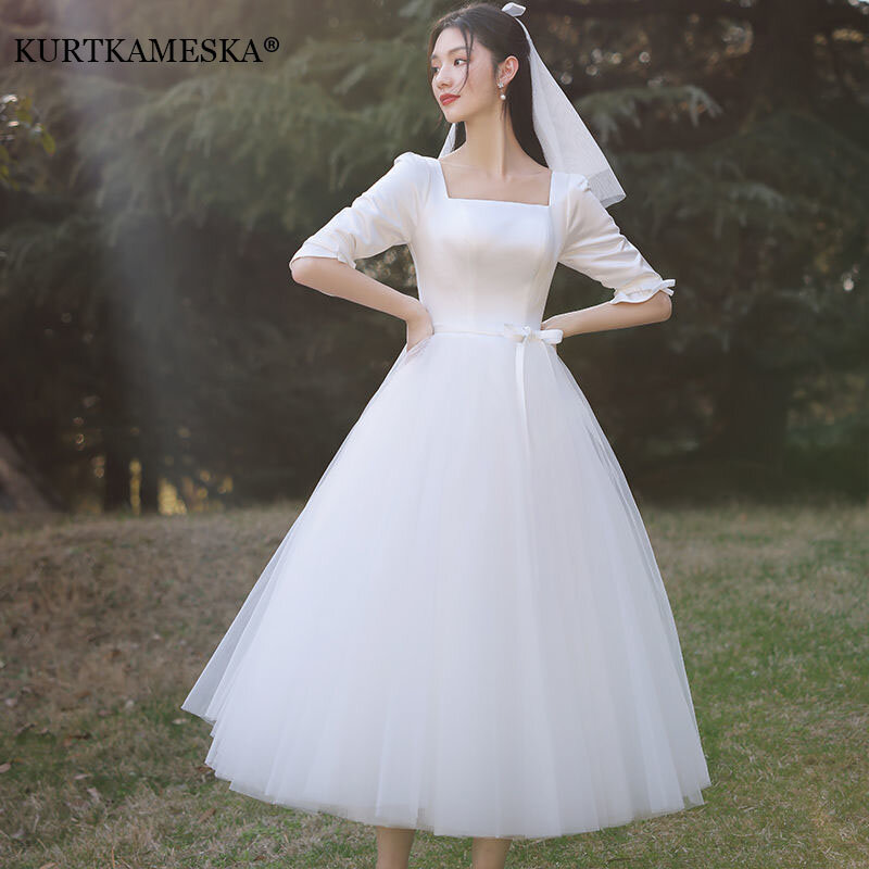 White Satin Wedding Dresses for Bride Formal Evening Elegant Mesh French Simple Hepburn Style Super Fairy Summer Dress Women