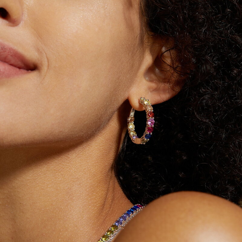 ALLNOEL-Boucles d'oreilles créoles en argent regardé 925 pour femme, bijoux colorés, zinc sur cristal arc-en-ciel, cadeaux de joaillerie fine