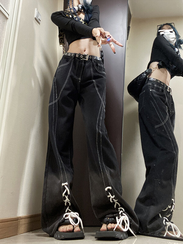 American Lace up Mop Jeans Women Vintage Fashion Black Wash Loose Straight Leg Couple Wide Leg Pants Y2K Jeans 2022 New