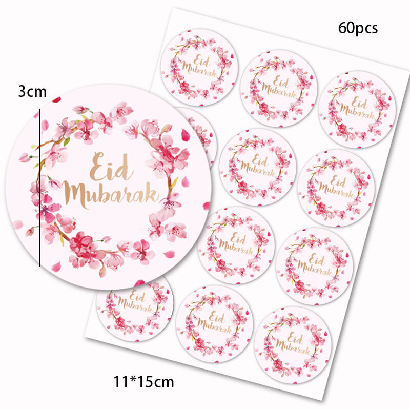 60pcs 라마단 카림 공급을위한 다채로운 EID 무바라크 스티커 선물 포장 스티커 결혼식 생일 선물 포장 장식