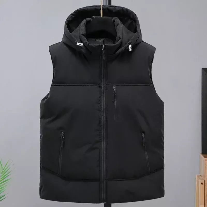 เสื้อกั๊กกันหนาวสำหรับผู้ชาย, 2023มีฮู้ดใหม่เสื้อปาร์เกอะแขนกุดให้ความอบอุ่นหนาเสื้อโค้ทบุนวมสีดำไซส์ใหญ่