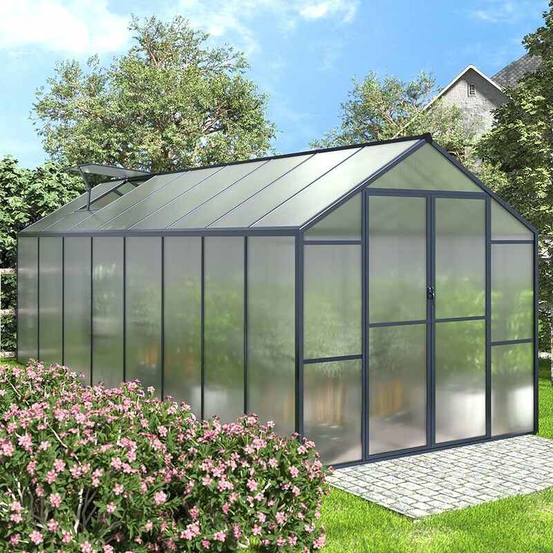 Estufa atualizada para o exterior, casa verde de alumínio para jardim, 2 aberturas, porta com fechadura, estrutura de rebite, resistente