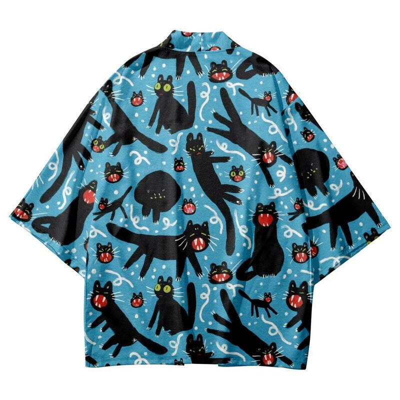 Verão dos desenhos animados gato preto impresso homens mulheres kimono praia shorts streetwear solto camisa japonesa haori cardigan cosplay yukat