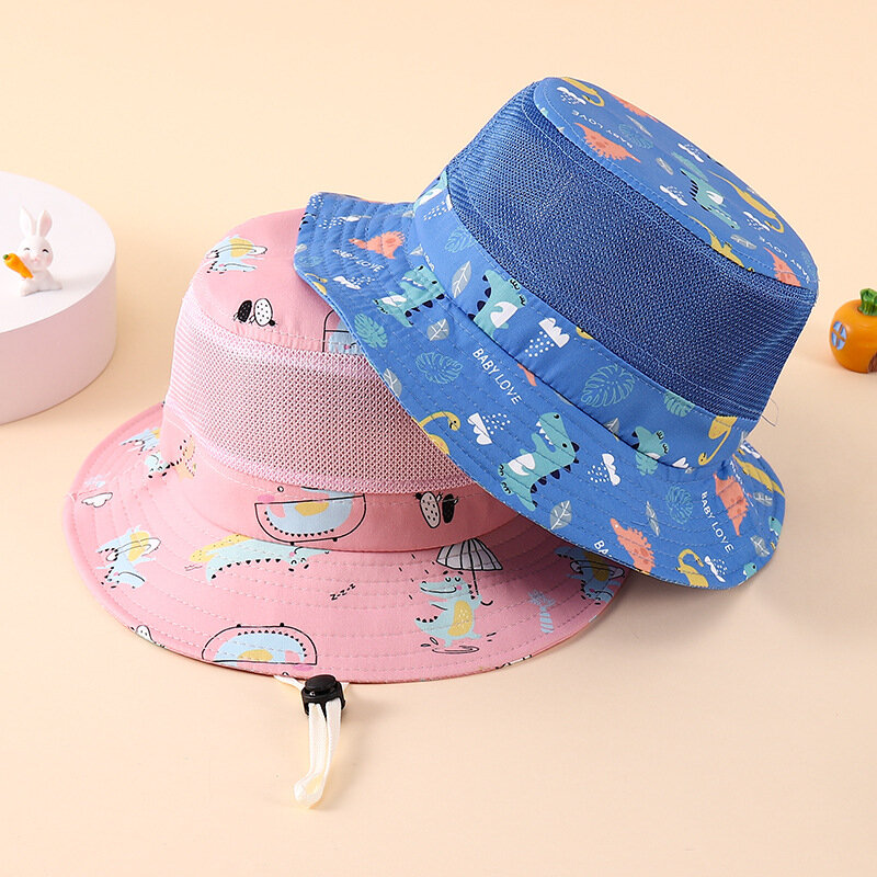 Vendita calda estate nuova sezione sottile maglia traspirante cappello da pescatore per bambini Cartoon Cute Dinosaur Outdoor protezione solare cappello da sole