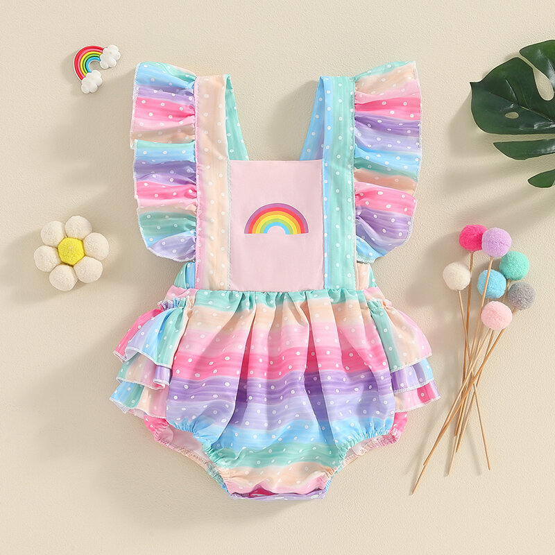VISgogo Baby Girls Romper Dress Fly Sleeve Square Neck Rainbow Print Infant Bodysuit Summer Clothes for Casual Daily