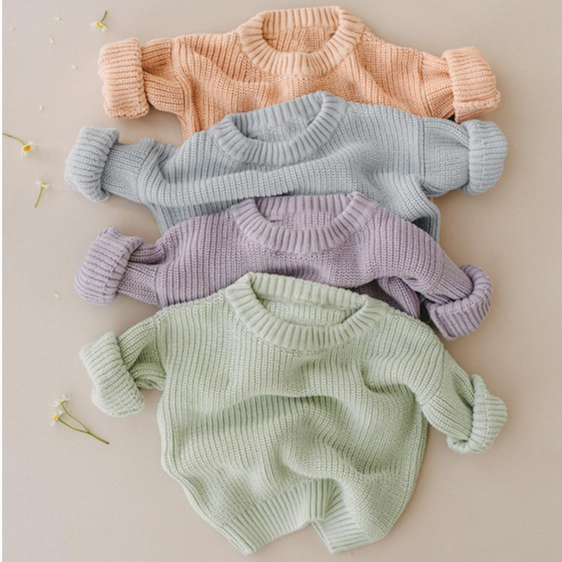 Camisola de malha de manga comprida para bebé menino e menina, cor pura, outono e inverno roupas