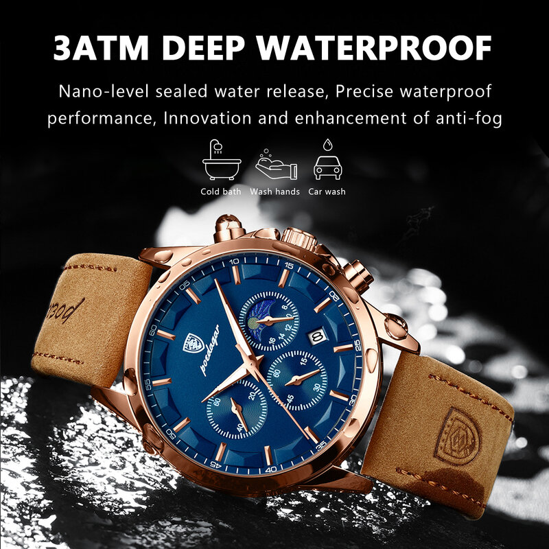 POEDAGAR-Montre-bracelet de sport de luxe en cuir pour homme, montre à quartz, étanche, Shoous, calendrier, chronographe, horloge pour homme