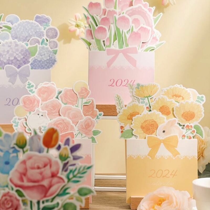 Planificador de horario diario, Serie de flores, calendario de madera, flor de tulipán rosa, adornos de escritorio, 2024
