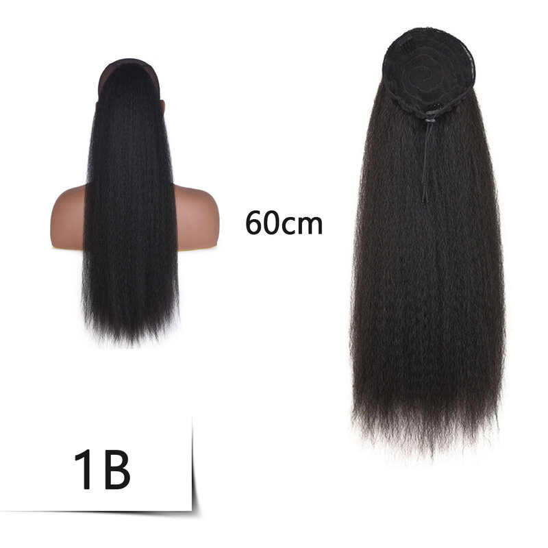 24-30“Yaki Straight Ponytail Hair Extensions For Black Women Wrap Around Clip In Magic Paste Heat Resistant Synthetic Hair Piece