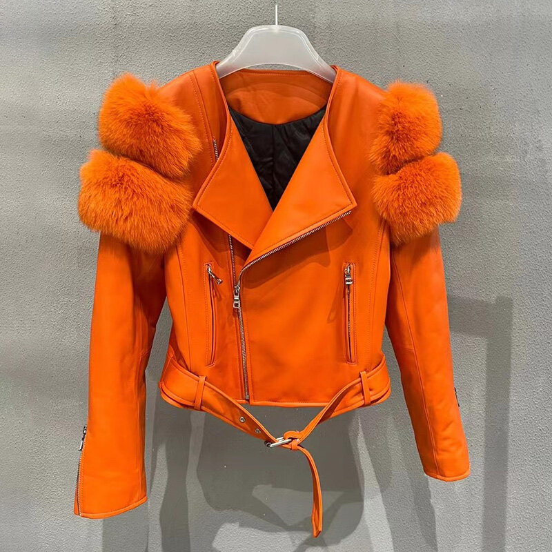 Jaquetas de couro genuíno femininas, casacos de pele de carneiro, pele real, nova, primavera e outono, 2024