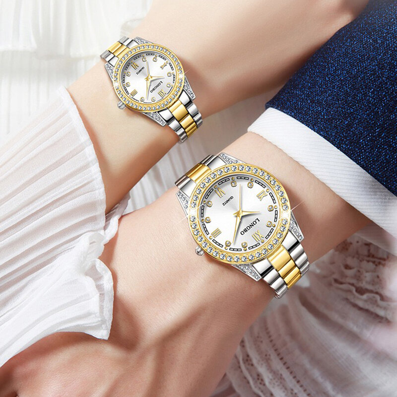Luksusowe zegarki ze stali nierdzewnej dla miłośników mody wodoodporny zegarek kwarcowy dla mężczyzn i kobiet zestaw zegarek dla pary kochanek + pudełko