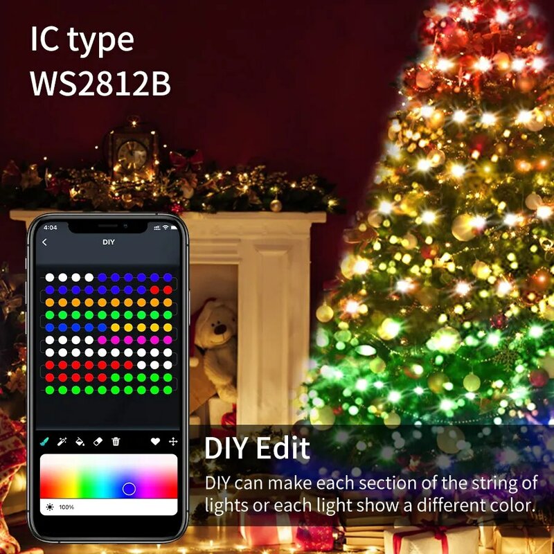 Cadena de luces LED RGBIC WS2812B, luces de Navidad de hadas RGB, Bluetooth, USB, 5V, direccionable individualmente, aplicación de música, Color de ensueño, 20m