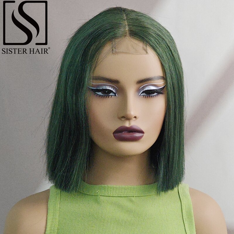 شعر مستعار قصير مستقيم للنساء ، شعر بشري برازيلي ، كثافة ، دانتيل 2x6 ، منتوف مسبقًا ، لون أخضر
