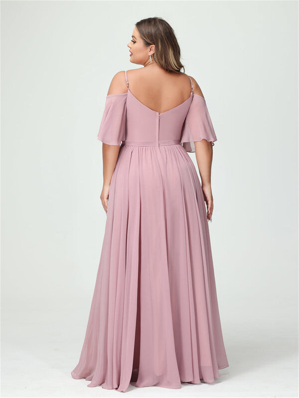 Eleganckie kobiety Plus Size dekolt w kształcie litery v sukienki druhen 2024 z rozcięciem z zimnym szyfonem na suknie z kieszeniami