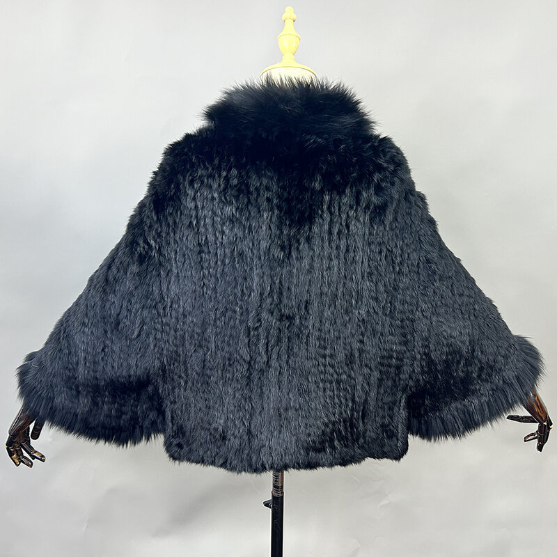 Nuovo cappotto a scialle di pelliccia di coniglio lavorato a maglia naturale genuino con collo di pelliccia di volpe mantello da donna in maglia di moda