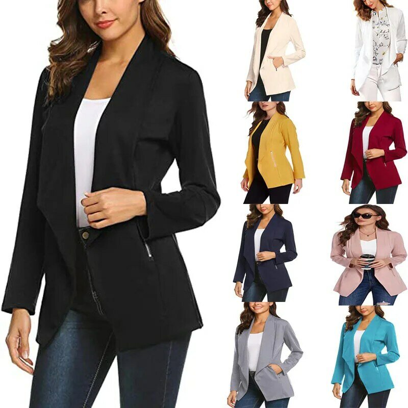 HAOOHU-abrigo de traje pequeño para mujer, traje largo de cuello fino de color sólido, temperamento de ocio de otoño e invierno