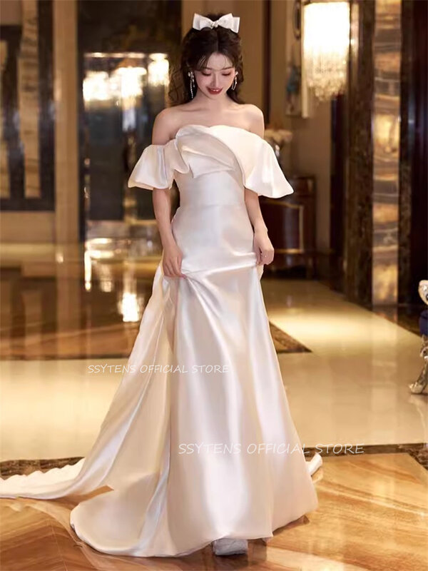 Gaun pernikahan malam Korea leher perahu klasik untuk Wanita ruffle foto tembak gaun pesta ulang tahun seksi Off Shoulder gaun pengantin
