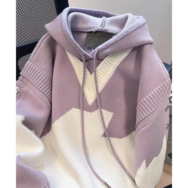2024 Spring Autumn New Contrast Fake Two Sweater Jacket Women Elegant Hooded Pullover Sweater Female Loose Knitting Jumper Lady