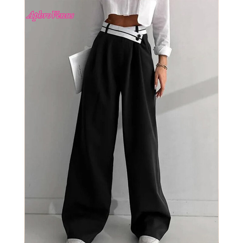Pantalones informales versátiles de pierna ancha para mujer, pantalones de diseño de perfil bajo, pantalones negros de empalme, ropa de trabajo de moda urbana