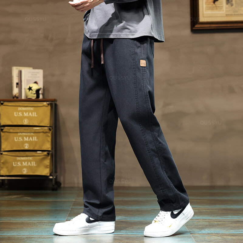 Calça solta casual masculina, roupas de marca, tecido lyocell macio, cordão reto, elástico na cintura, Coreia, plus size 4XL
