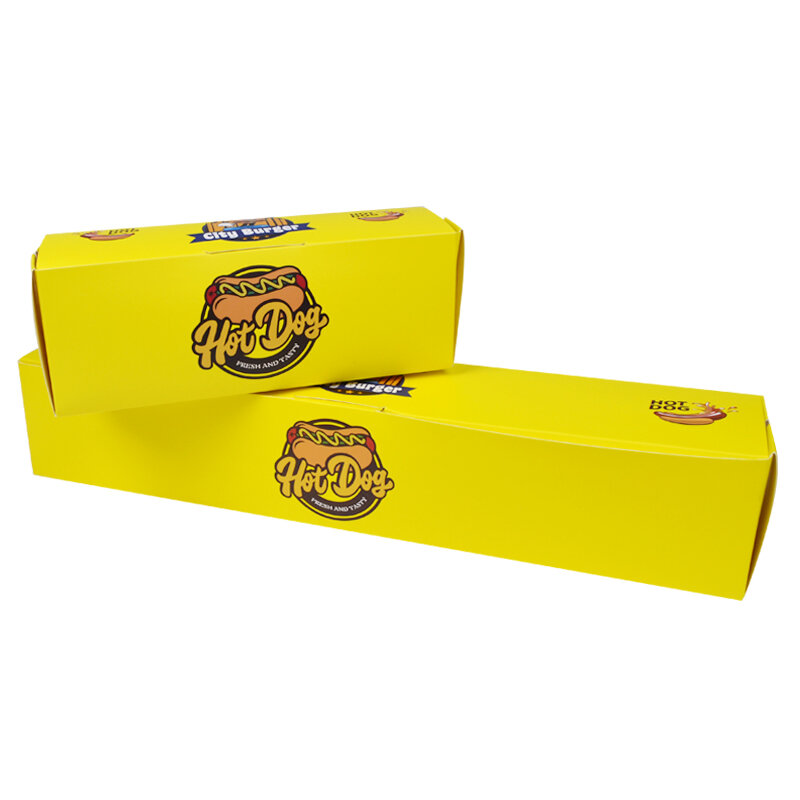 CMYK-caja de embalaje de grado alimenticio, producto personalizado, desechable, Tarjeta blanca, perro caliente, barato