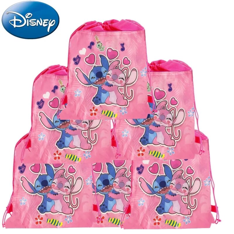 กระเป๋าเป้สะพายหลัง Disney Lilo & Stitch ลายอนิเมะมีเชือกรูดถุงซานตาของตกแต่งงานปาร์ตี้เด็กปาร์ตี้เด็กวันเกิดอุปกรณ์อาบน้ำอุปกรณ์ของขวัญ