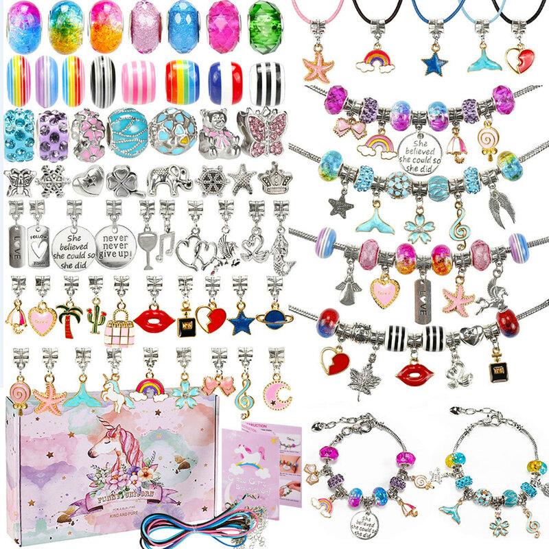 129pcs Kit per la creazione di gioielli collana con bracciale con ciondoli collana con perline in lega Set giocattoli fai da te per braccialetti per bambini regali di compleanno
