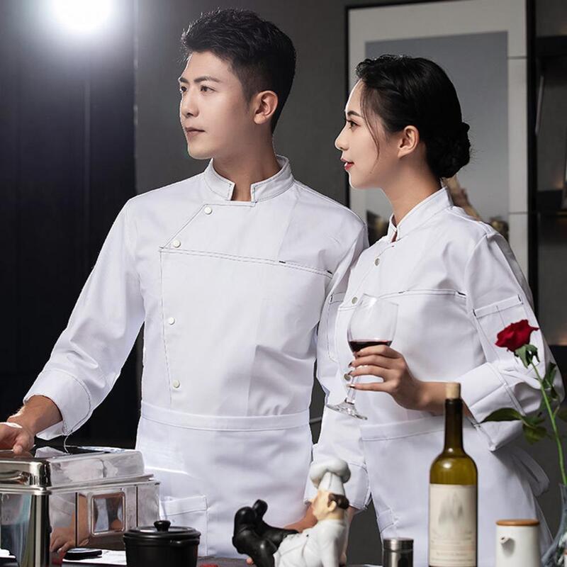 Chef camicia a maniche lunghe colletto alla coreana cappotto da cuoco traspirante camicia da cuoco Unisex morbida tinta unita uniforme a maniche lunghe per la cucina