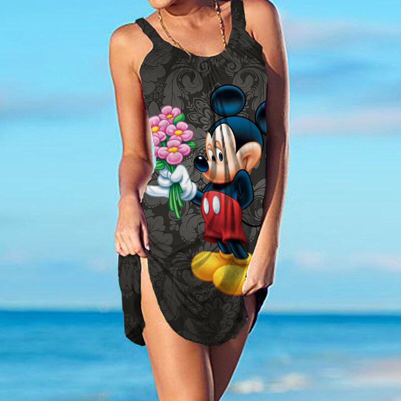 Gaun pantai wanita tanpa lengan gaun Disney Mickey Mouse untuk wanita atasan pakaian pantai ramping seksi selempang modis kasual musim panas untuk wanita